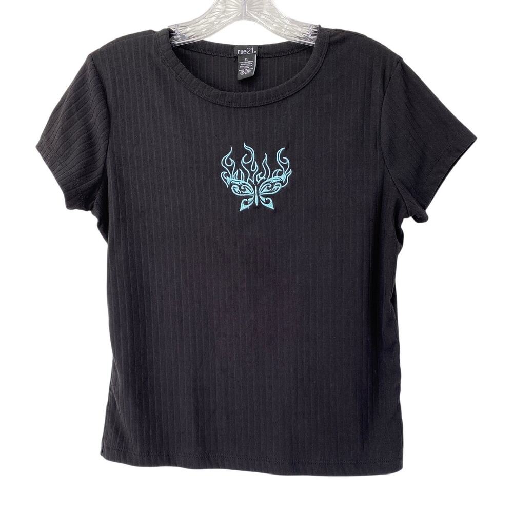 Y2K Butterfly Novelty Flame Graphic Fitted Ribbed Top Sz XL Fairy‎ Whimsy Boho